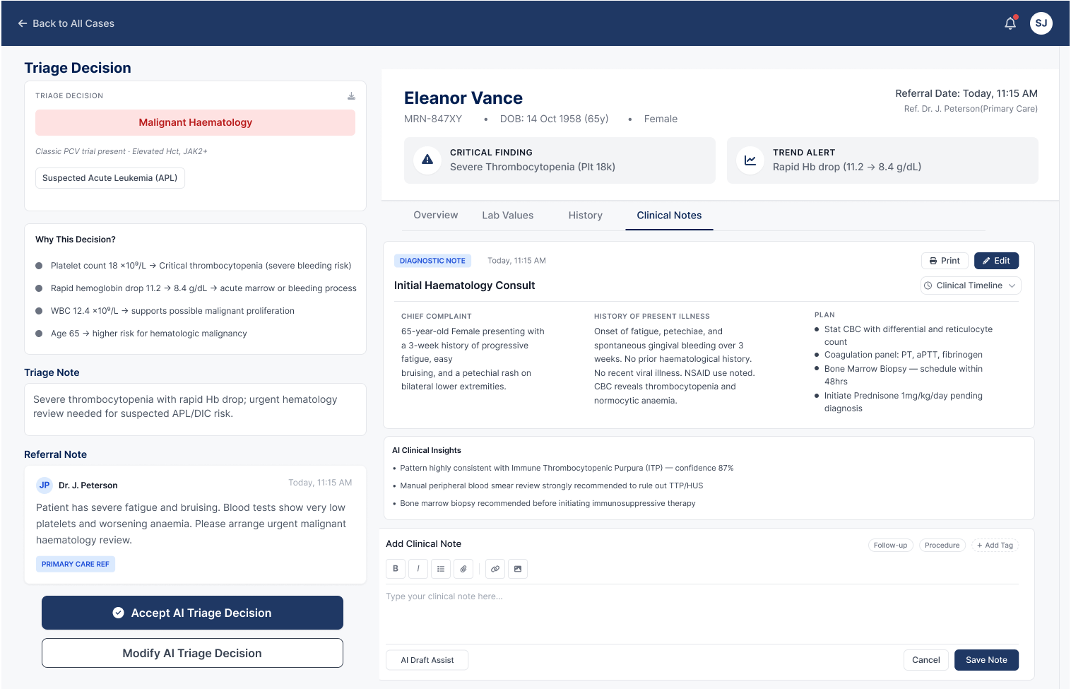 Clinical notes screen in Triagen