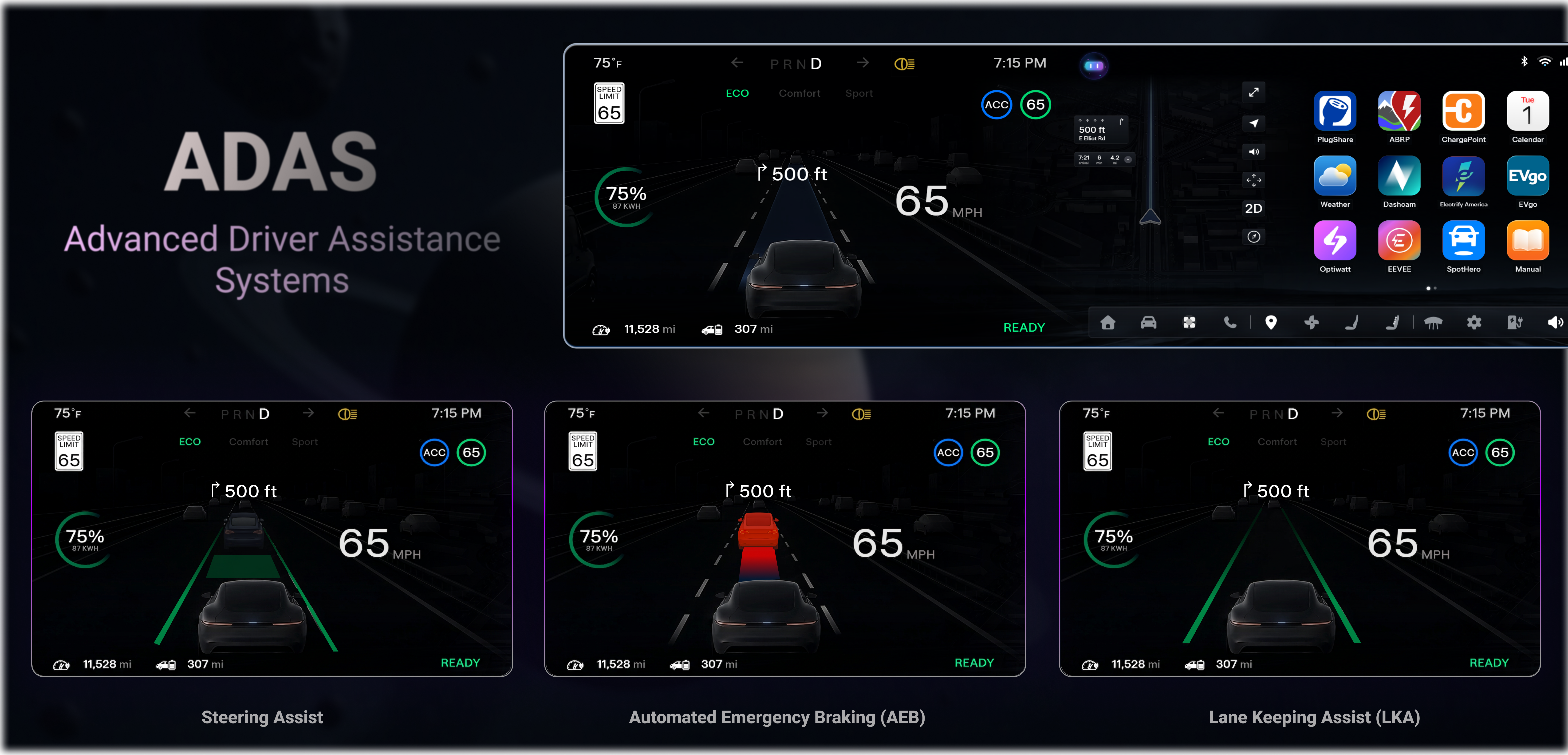 ADAS interface showing Steering Assist, Automated Emergency Braking, and Lane Keeping Assist