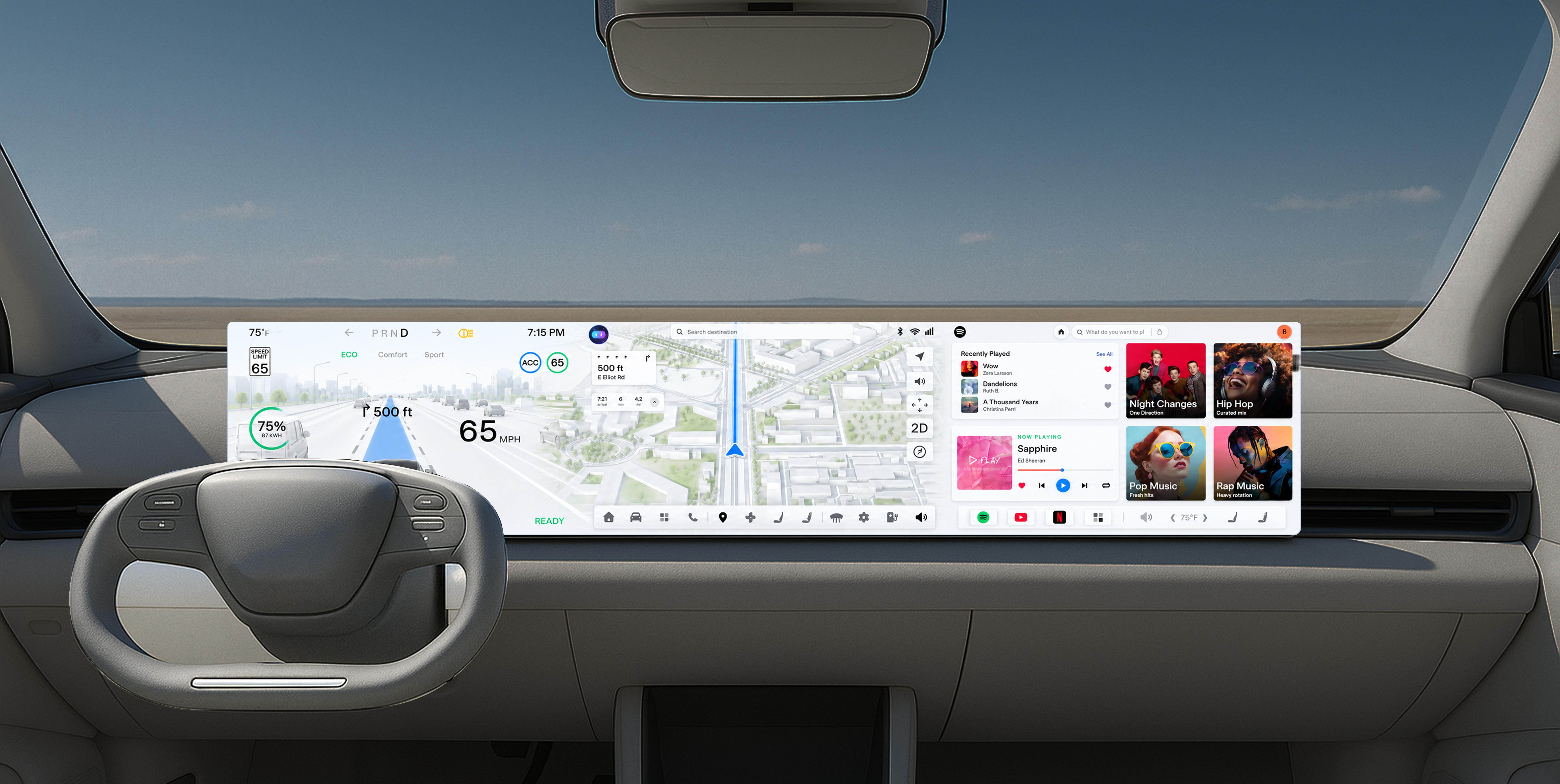Day-mode HMI displayed in a bright vehicle interior