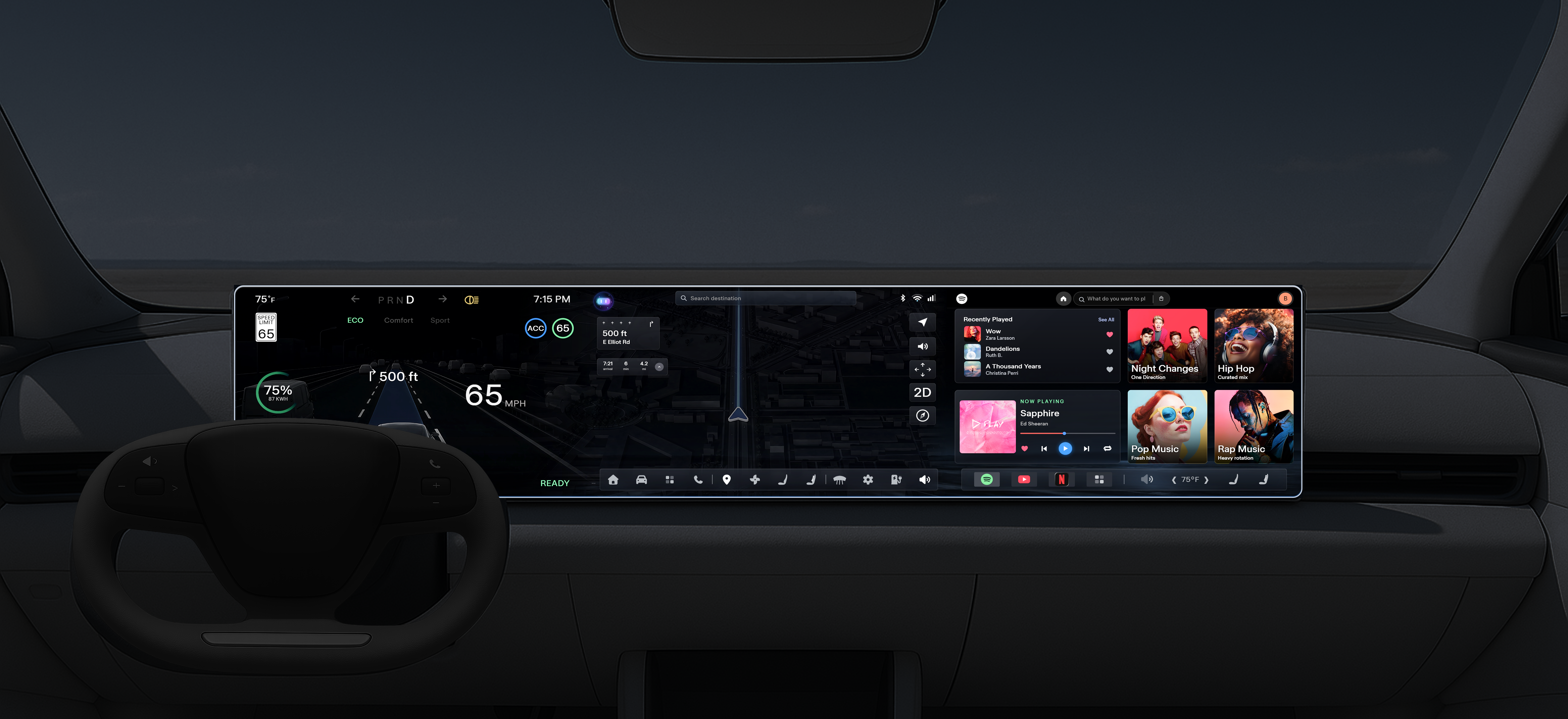 Night-mode HMI displayed in a dark vehicle interior