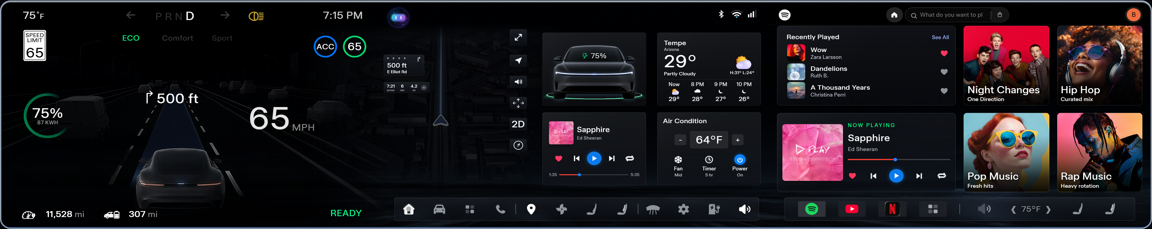 Home dashboard widgets with navigation, media, and vehicle controls