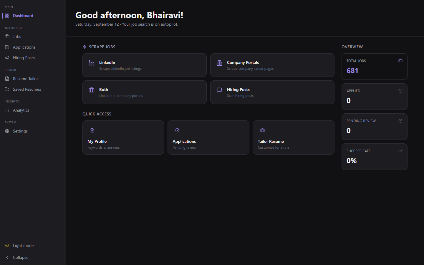 AutoApply dashboard in dark mode