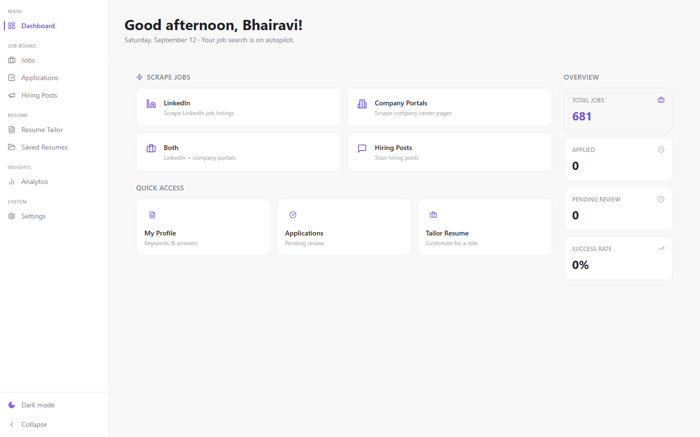 Dashboard interface